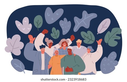 Cartoon Vektorgrafik des Multikulturteams. Einheit in Vielfalt. Menschen unterschiedlicher Herkunft. Teamwork, Zusammenarbeit, Freundschaftskonzept auf dunklem Hintergrund