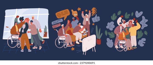 Cartoon vector illustration of Multiracial disabled people character. Positive men and women with special needs in wheelchair over dark backround