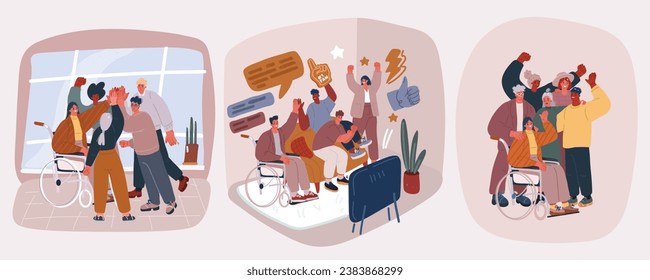 Cartoon vector illustration of Multiracial disabled people character. Positive men and women with special needs in wheelchair