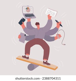 Cartoon vector illustration of Multitask man. Businessman, working calling. Balancing character with six hands holding laptop, tablet, pen, stack of paper, mouse. Workaholic and deadline concept.