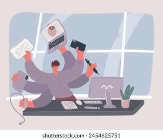 Cartoon vector illustration of Multitasking man. Productive work process. Effective management. Vector workaholic concept