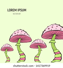 Cartoon vector illustration mushroom set card with text. Design elements for website, flyer, banner, poster. Drawing template isolated on light background. Nature, botany, forest, amanita, toadstool