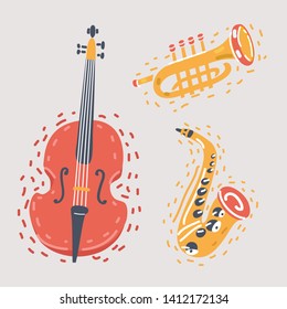 Cartoon vector illustration of Music Instruments Festival, Event, Live, Concert concept. Contra-bass, trumpet, saxophone on white.