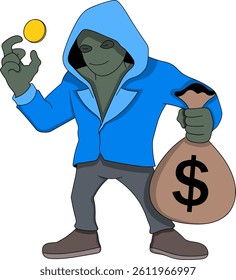 Cartoon vector illustration of a mysterious hooded character with a hidden face, holding a coin in one hand and a large money bag in the other.