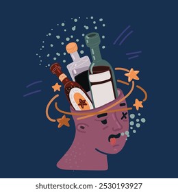 Ilustración vectorial de dibujos animados del Vector Nacional del Día de la Resaca. Hombre borracho con resaca y dolor de cabeza icono Vector. Intoxicación alcohólica elemento de Diseño gráfico simple. Enero sobre fondo oscuro