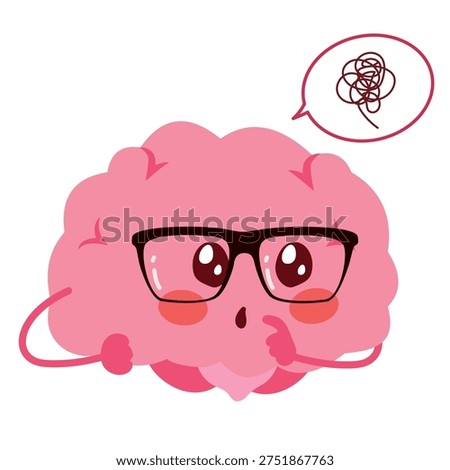 Cartoon vector illustration of a nerdy brain mascot wearing glasses and thinking, representing doubt, curiosity, reasoning and intellectual analysis