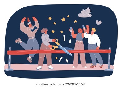Cartoon vector illustration of New business venture. Opening ceremonial red ribbon cutting scissors in hands. Group of people over dark background