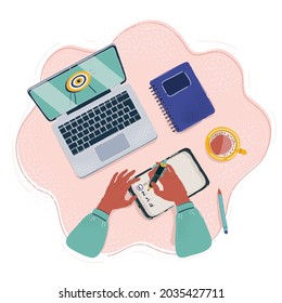 Cartoon vector illustration of new year resolutions set goal. Top wiev.