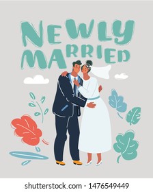 Cartoon vector illustration of newly married. Man and woman try to kiss.
