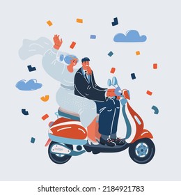 Cartoon vector illustration of The newlyweds on a moped. Happy married couple. Man and woman riding scooter together.Romantic happy young Bride and Groom on their Honeymoon