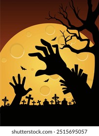 Ilustração vetor noite de Halloween no cemitério paisagem e ascensão do zumbi