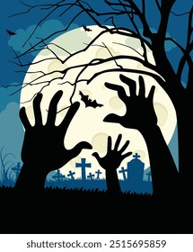 Noche de Ilustración vectorial de dibujos animados de Halloween en el paisaje del cementerio y el surgimiento del zombi muerto