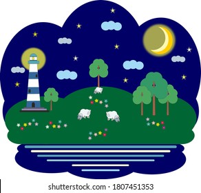 Cartoon vector illustration night scene: lighthouse, sheep, moon, trees, ocean, beautiful summer midnight