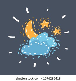 Cartoon vector illustration of Night sky with moon and stars. Good night background. Funny hand drawn picture. Object on isolated.