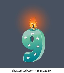Cartoon vector illustration of nine birthday candle on dark background.