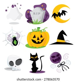 A cartoon vector illustration of nine different halloween related clip arts.