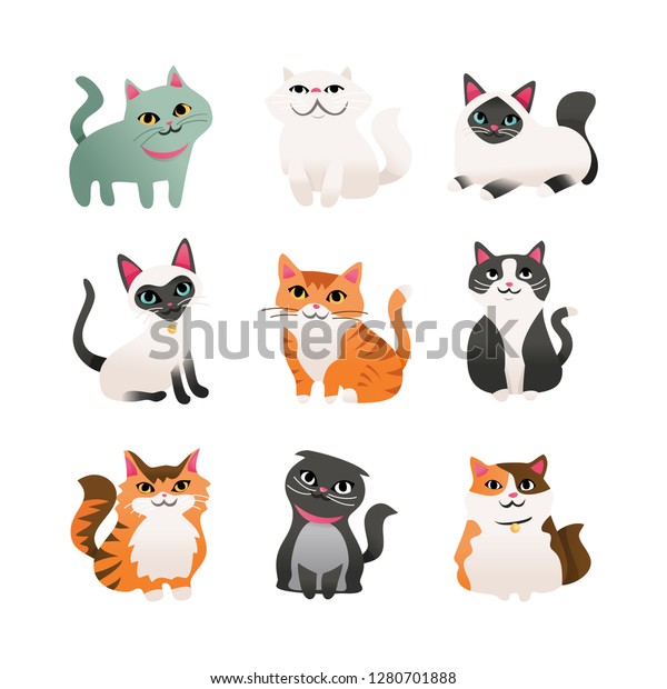 A cartoon vector illustration of nine different cute cartoon cats in