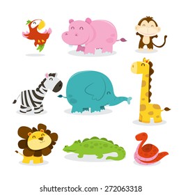 A cartoon vector illustration of nine various cute african jungle animals like parrot, hippopotamus, monkey, zebra, elephant, giraffe, lion, crocodile and snake. 