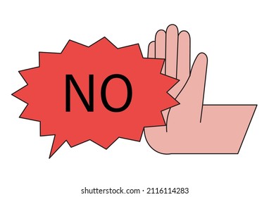 Cartoon vector illustration of No sign. Human character hand push speech bubble showing refusal, denial or rejection. Choice hesitate, dispute, opposition, dilemma. Say no to something or bad habit.