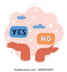 Cartoon vector illustration No and Yes desision in hand
