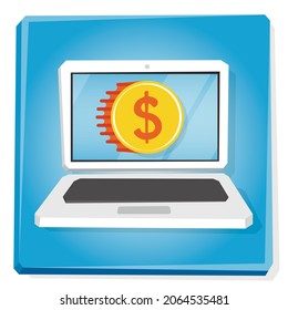 Cartoon vector illustration of notebook. Laptop screen with dollar gold coin.