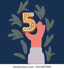Cartoon vector illustration of Number 5. Gingerbread font. Christmas cookies five shape, fifth, 5 over dark backround