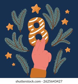 Cartoon vector illustration of Number 8 gingerbread biscuit holding by hand over dark backround