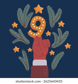 Cartoon vector illustration of Number 8 yellow holding by hand over dark backround
