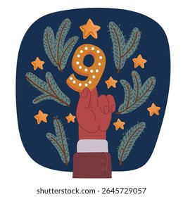 Cartoon vector illustration of number 9 with tasty decoration over dark background