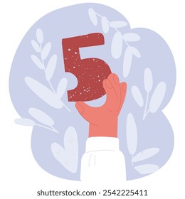 Cartoon vector illustration of Number five in hand. Hand holding. Number 5 on red background with copy space. Concept with number five. Birthday 5 years, fifth grade, five day work week