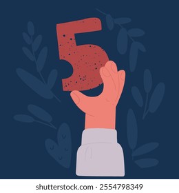 Cartoon vector illustration of Number five in hand. Hand holding number 5 on red background with copy space. Concept with number five. Birthday 5 years, fifth grade, five day work week 