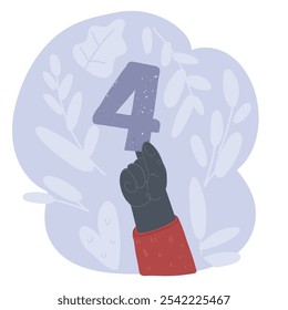 Cartoon vector illustration of number four in hand. Hand holding number 4 on blue background with copy space. Concept with number four. Birthday 4 years, fourth grade, four day work week