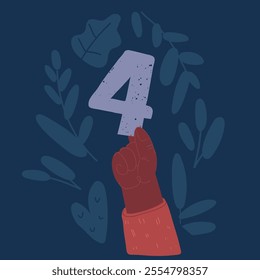 Cartoon vector illustration of number four in hand. Hand holding number 4 on blue background with copy space. Concept with number four. Birthday 4 years, fourth grade, four day work week 