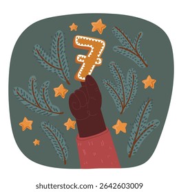 Cartoon vector illustratie van Nummer zeven gemaakt van geglazuurd peperkoek. Feestelijk lettertype, symbool van Gelukkig Nieuwjaar en Kerstmis, teken en cijfer van verschillende vormen.