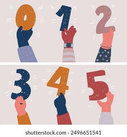 Cartoon vector illustration of Numbers in hands. Numeric scorecard for judge competition. Jury results. Arms holding competition evaluation boards. Ranking and voting. Math symbols. 1,2,3,4,5,6,0