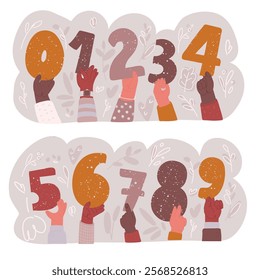 Cartoon vector illustration of Numbers set hold in hands. Votes of judges. 1,2,3,4,5,6,7,8,9,0. One, two, three, four, five, six, seven, eight, nine, zero