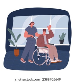 Cartoon vector illustration of nurse and a doctor taking care of an male patient in a wheelchair.