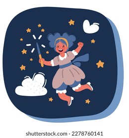 Dibujo vectorial de caricatura de una linda niña de hadas sobre un fondo oscuro