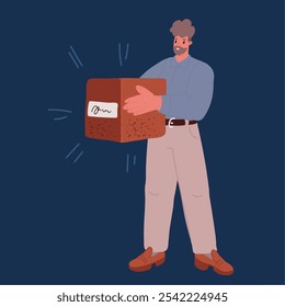 Cartoon vector illustration o man moving to a new home or have resived parcel. Male character hold big box over dark backround