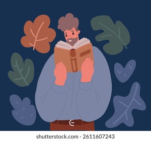 Cartoon vector illustration o man wearing eyeglasses holding paper book or diary, sitting on couch at home in living room, reading literature or checking his working schedule plan over dark backround