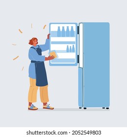 Cartoon vector illustration o woman standing near open refrigerator with cheese in his hands on white backround.