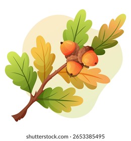 Ilustração vetorial de desenho animado de um ramo de carvalho com folhas coloridas e bolotas, simbolizando outono e natureza da floresta.
