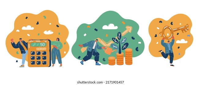 Cartoon vector illustration of. Calculate, money making. Key of Business and smart solutions. People. Man and woman work in team