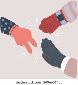 Cartoon vector illustration of. Rock, Scissor and paper hand sign, conflict geometry concept