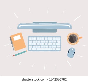 Cartoon vector illustration of office and business work elements on a desk top view. Working space. Keyboard, display, notebook, mouse, cup of coffee.