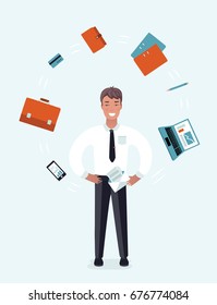 Cartoon vector illustration of office man juggler with office supplies, stuff and equipment. Successful workaholic, it goes