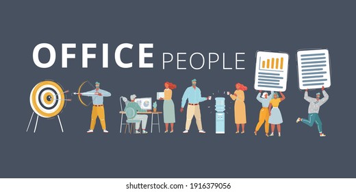 Cartoon vector illustration of Office team set on dark background. People on dark background. Office team working at work spaces. Work with files, cooler, aim and bow arrow