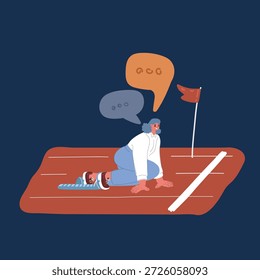 Cartoon vector illustration of Office workers standing ready on start line before race or sprint. Business competition or rivalry between employees or colleagues over dark background.