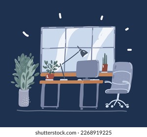 Cartoon vector illustration of Office workstation furniture interior concept over dark background