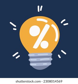 Cartoon vector illustration oflight lamp bulb with percentage inside over dark background